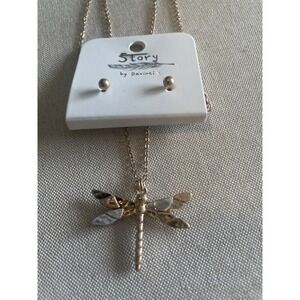 STORY BY DAVINCI Dragonfly Mixed Metals  Necklace Stud Earrings Set NEW Modern